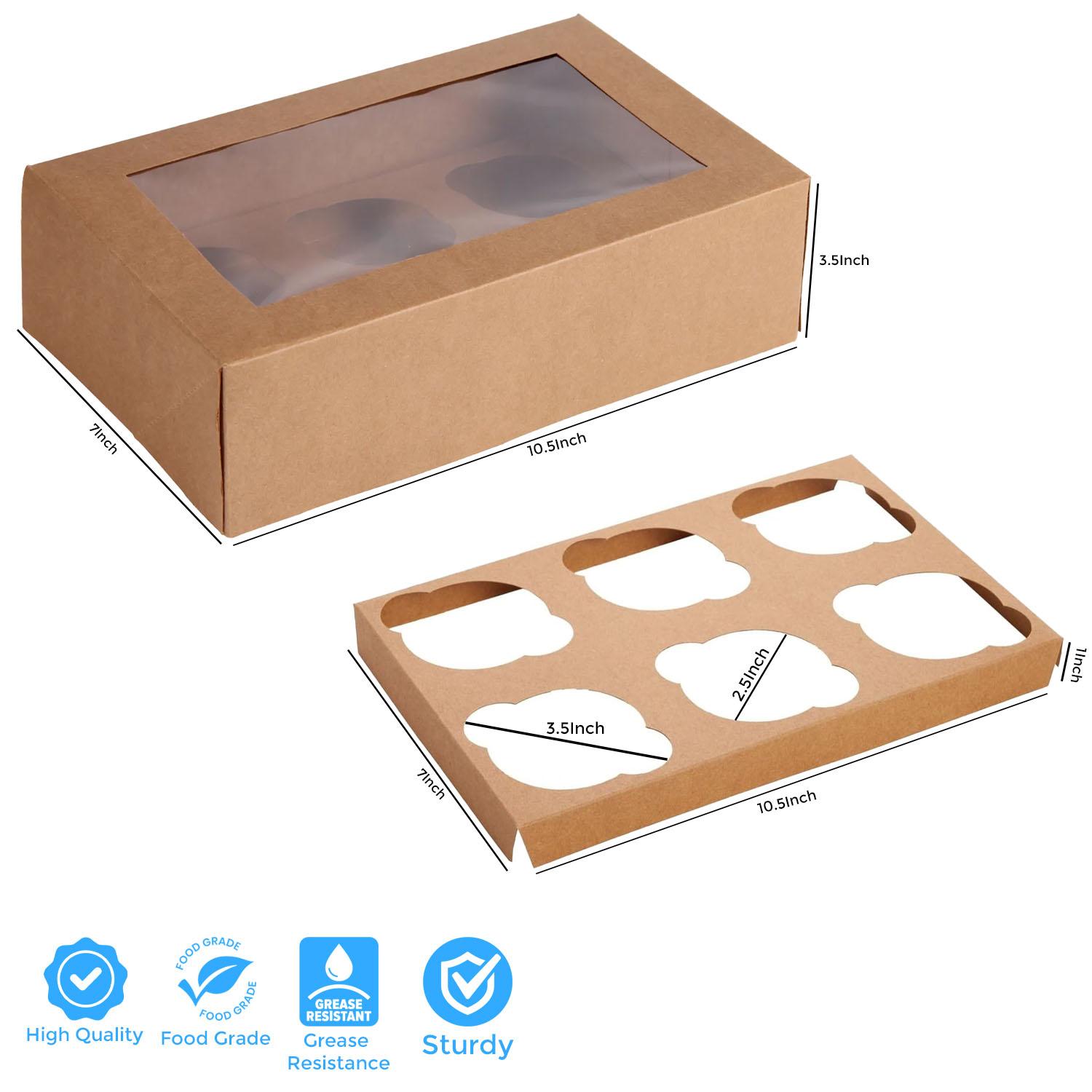 WHITE WITH BROWN MUFFIN CAKE BOX WITH WINDOW AND 6 HOLE DIVIDERS - 10.5 X 7 X 3.5 INCHES