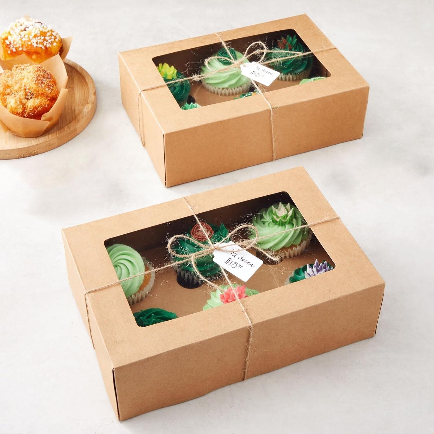 WHITE WITH BROWN MUFFIN CAKE BOX WITH WINDOW AND 6 HOLE DIVIDERS - 10.5 X 7 X 3.5 INCHES