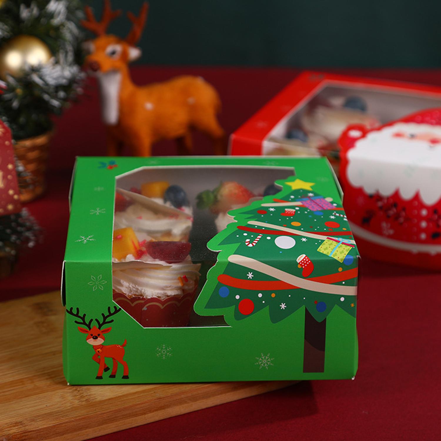 16CM X 16CM X 7.5CM GREEN CHRISTMAS THEMED CUPCAKE BOX 4 HOLE