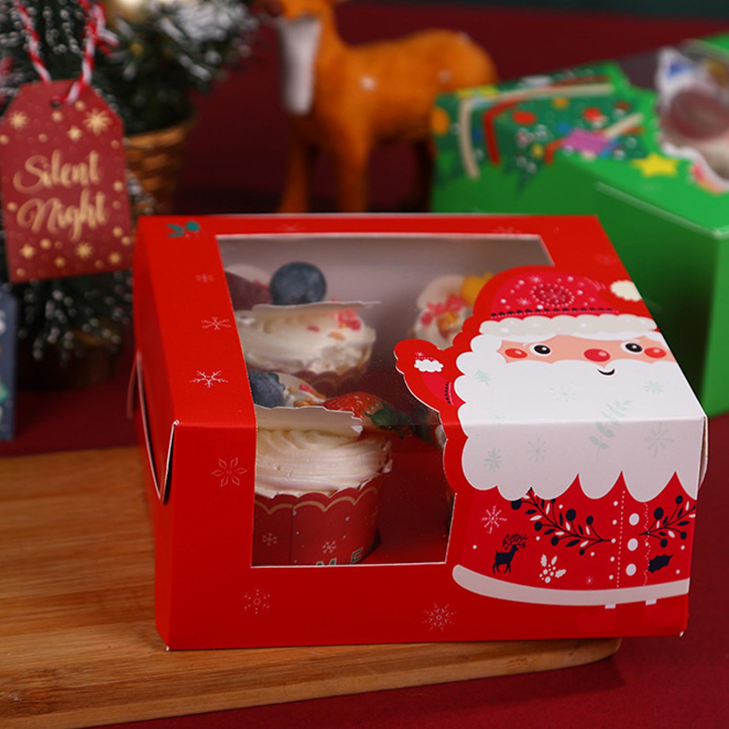 16CM X 16CM X 7.5CM RED CHRISTMAS THEMED CUPCAKE BOX 4 HOLE