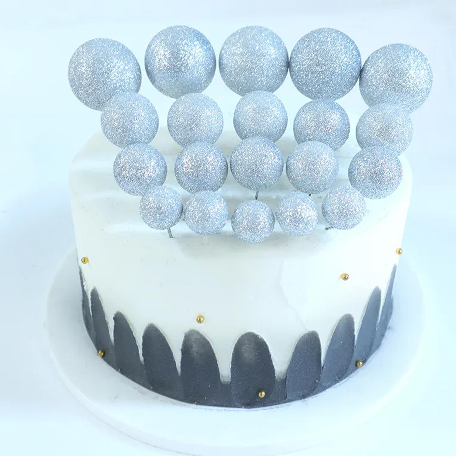 20PCS GLITTER SILVER SPHERE CAKE TOPPER