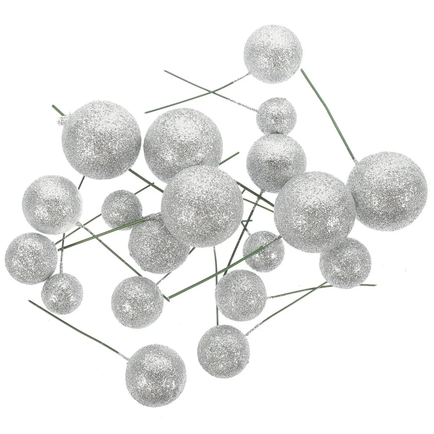 20PCS GLITTER SILVER SPHERE CAKE TOPPER