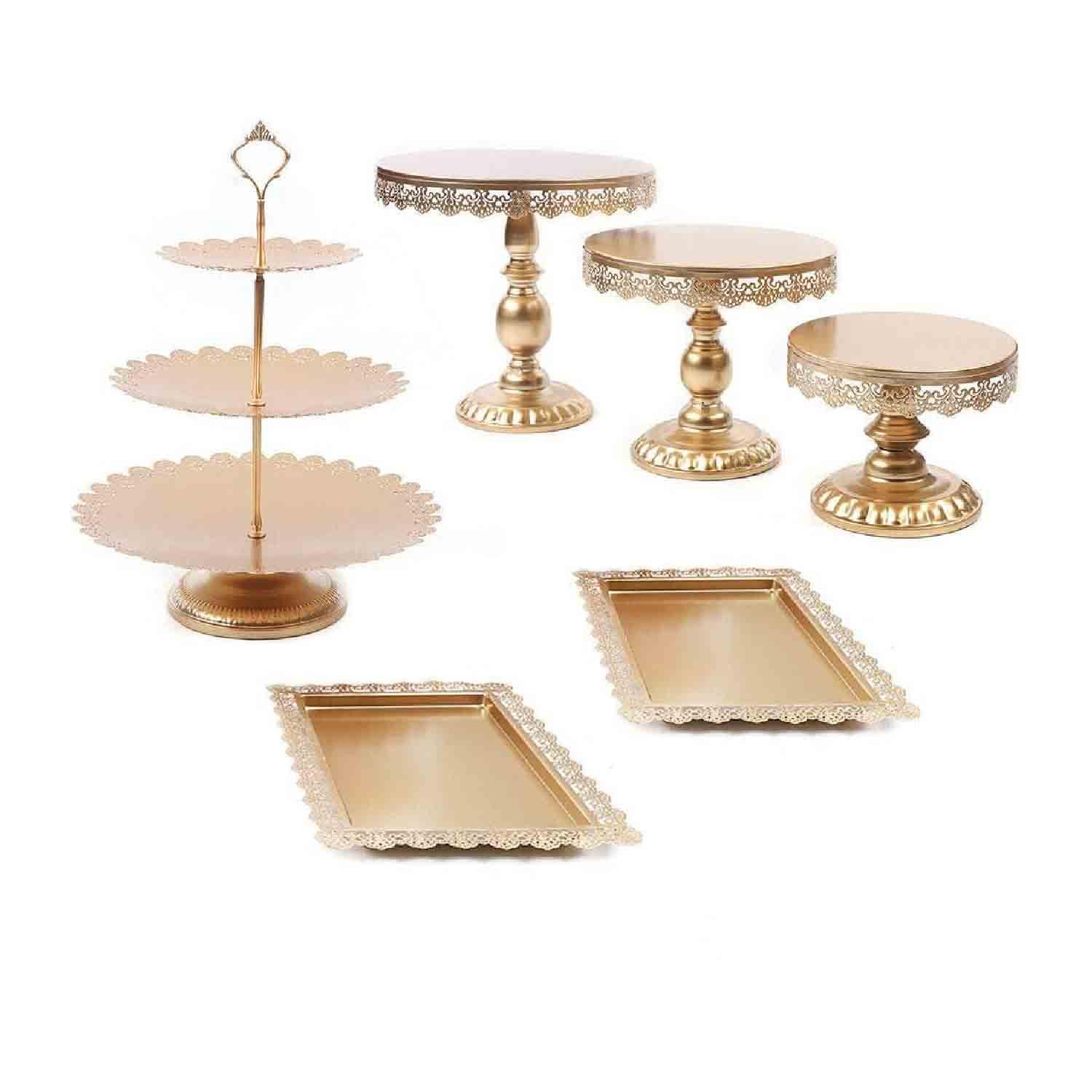 6PCS GOLDEN METAL CRYSTAL CAKE STAND WITH CUPCAKE STAND AND TRAYS