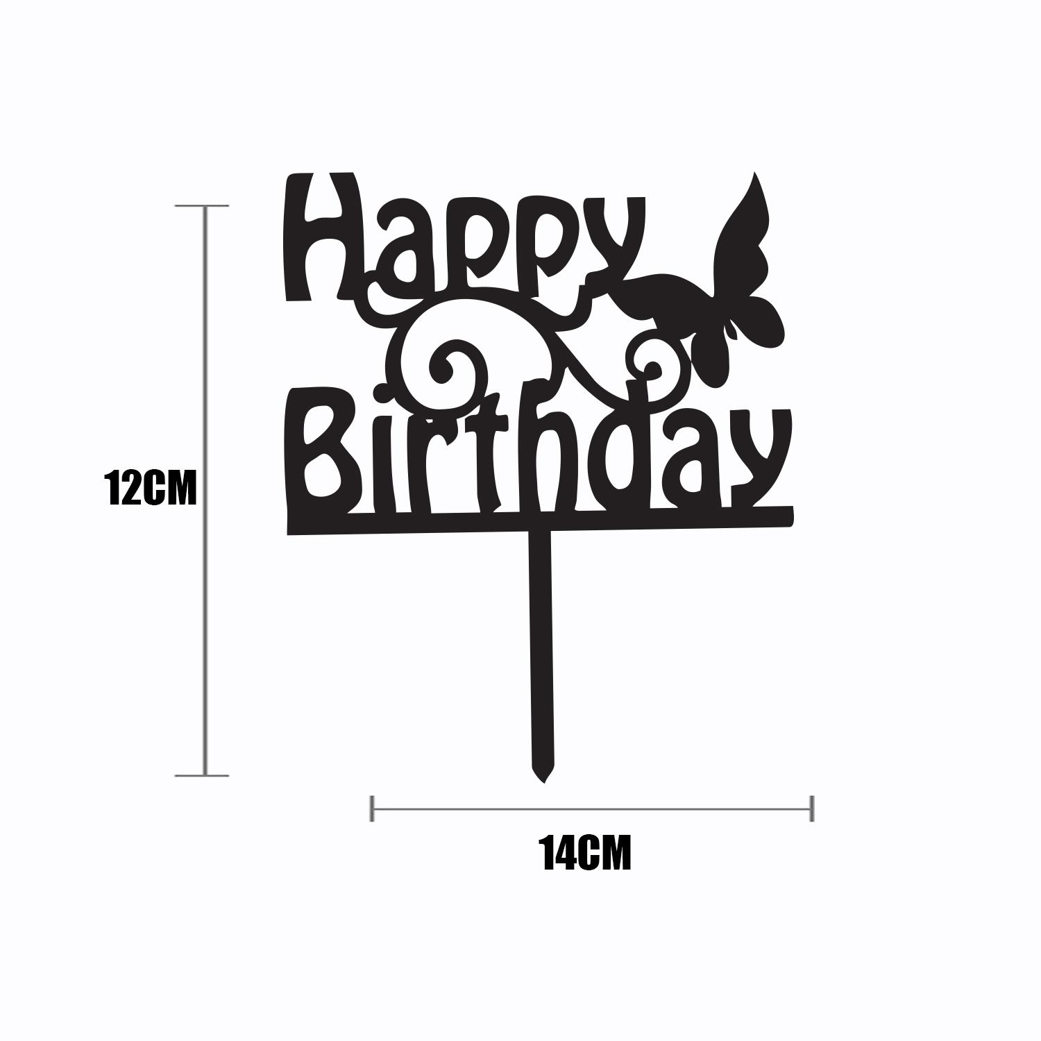 BLACK ACRYLIC HAPPY BIRTHDAY TOPPER WITH BUTTERFLY