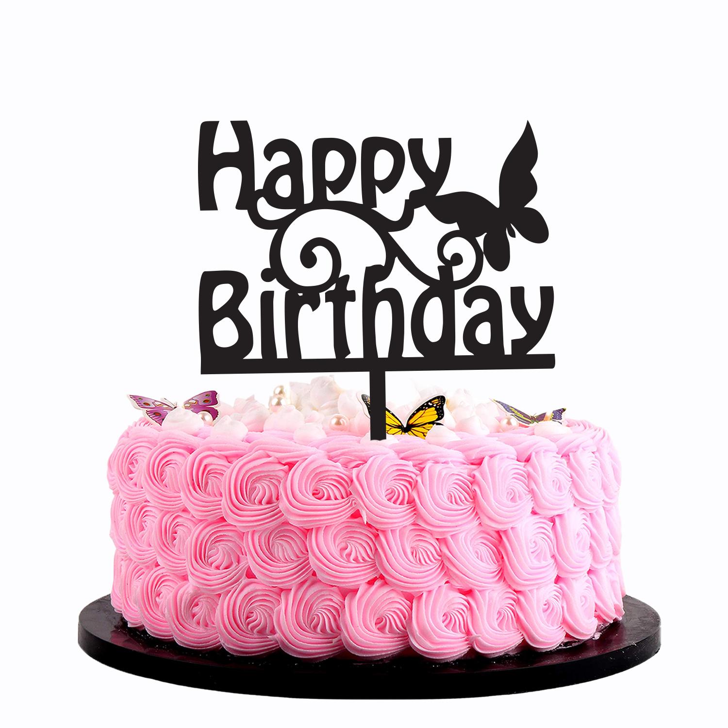 BLACK ACRYLIC HAPPY BIRTHDAY TOPPER WITH BUTTERFLY