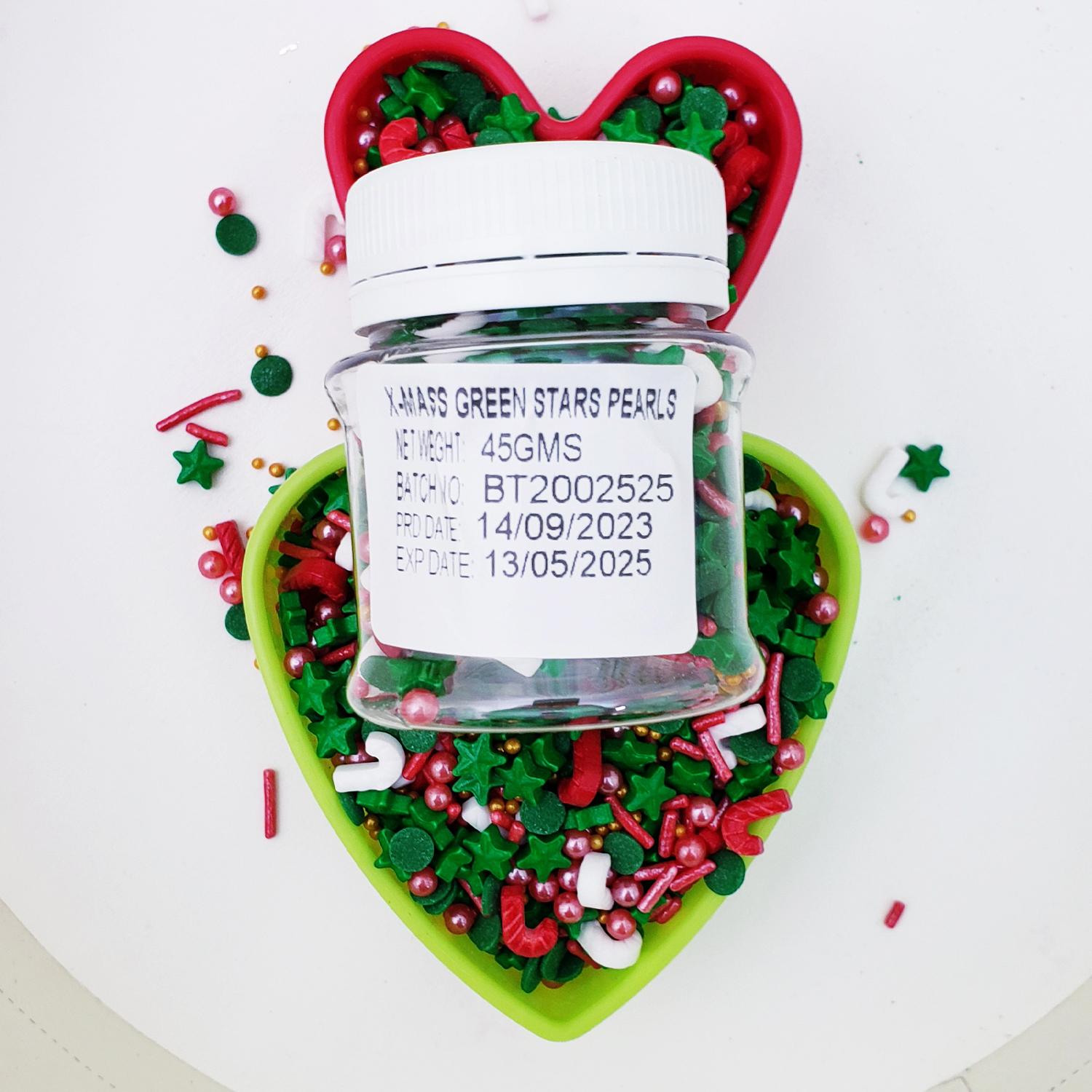 CHRISTMAS GREEN STARS PEARL MIX SPRINKLES 45GMS