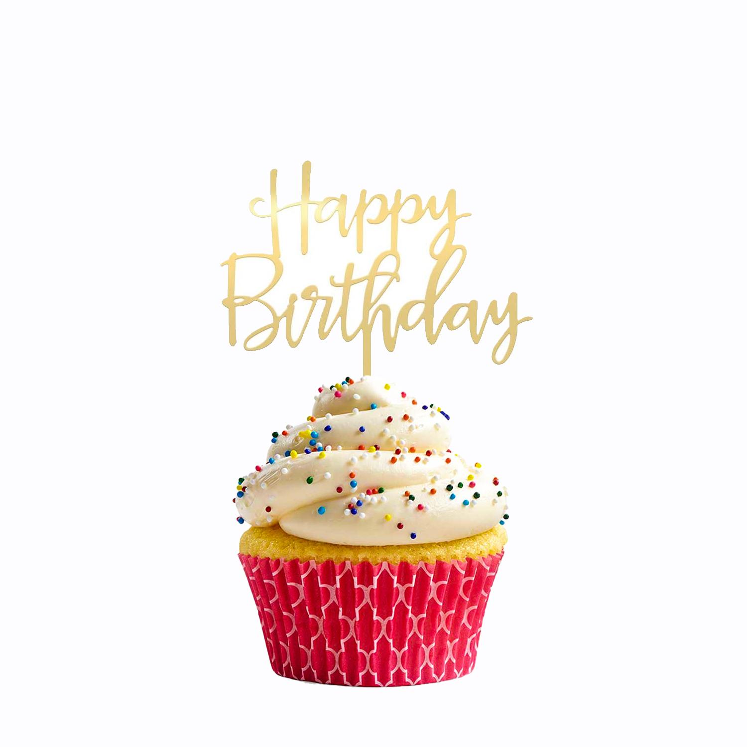 GOLD MIRROR ACRYLIC CUPCAKE HAPPY BIRTHDAY TOPPER 9CM X 7CM