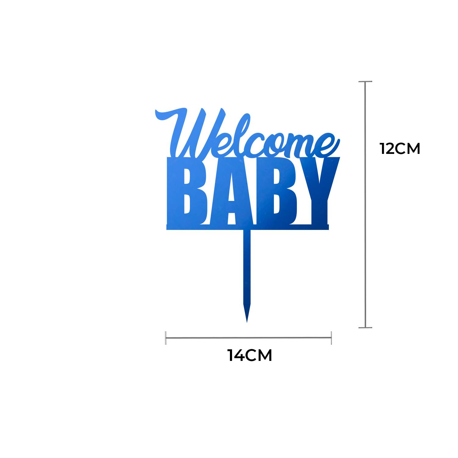 MIRROR BLUE ACRYLIC BABY SHOWER TOPPER WELCOME BABY