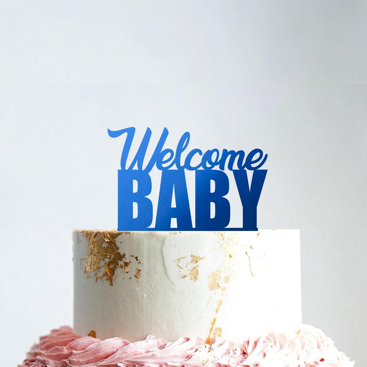 MIRROR BLUE ACRYLIC BABY SHOWER TOPPER WELCOME BABY