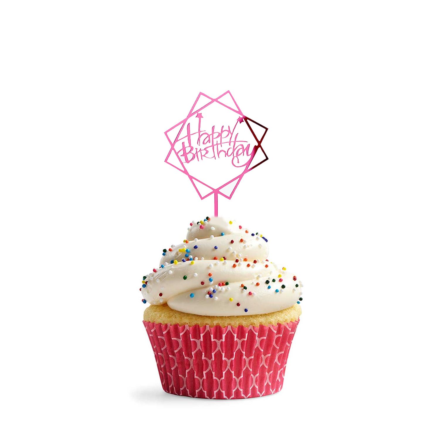 MIRROR PINK ACRYLIC CUPCAKE HAPPY BIRTHDAY TOPPER 9CM X 7CM