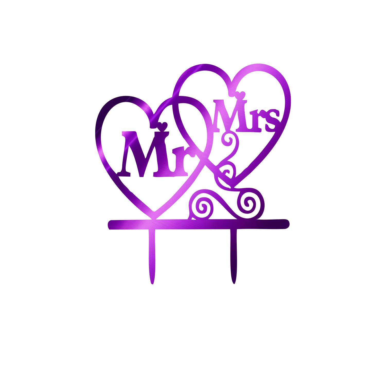 MIRROR PURPLE ACRYLIC MR & MRS TOPPER WITH HEARTS DETAIL