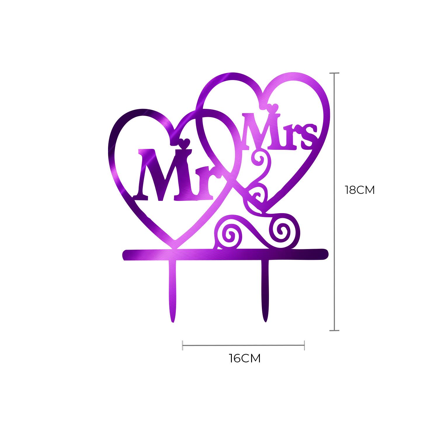 MIRROR PURPLE ACRYLIC MR & MRS TOPPER WITH HEARTS DETAIL