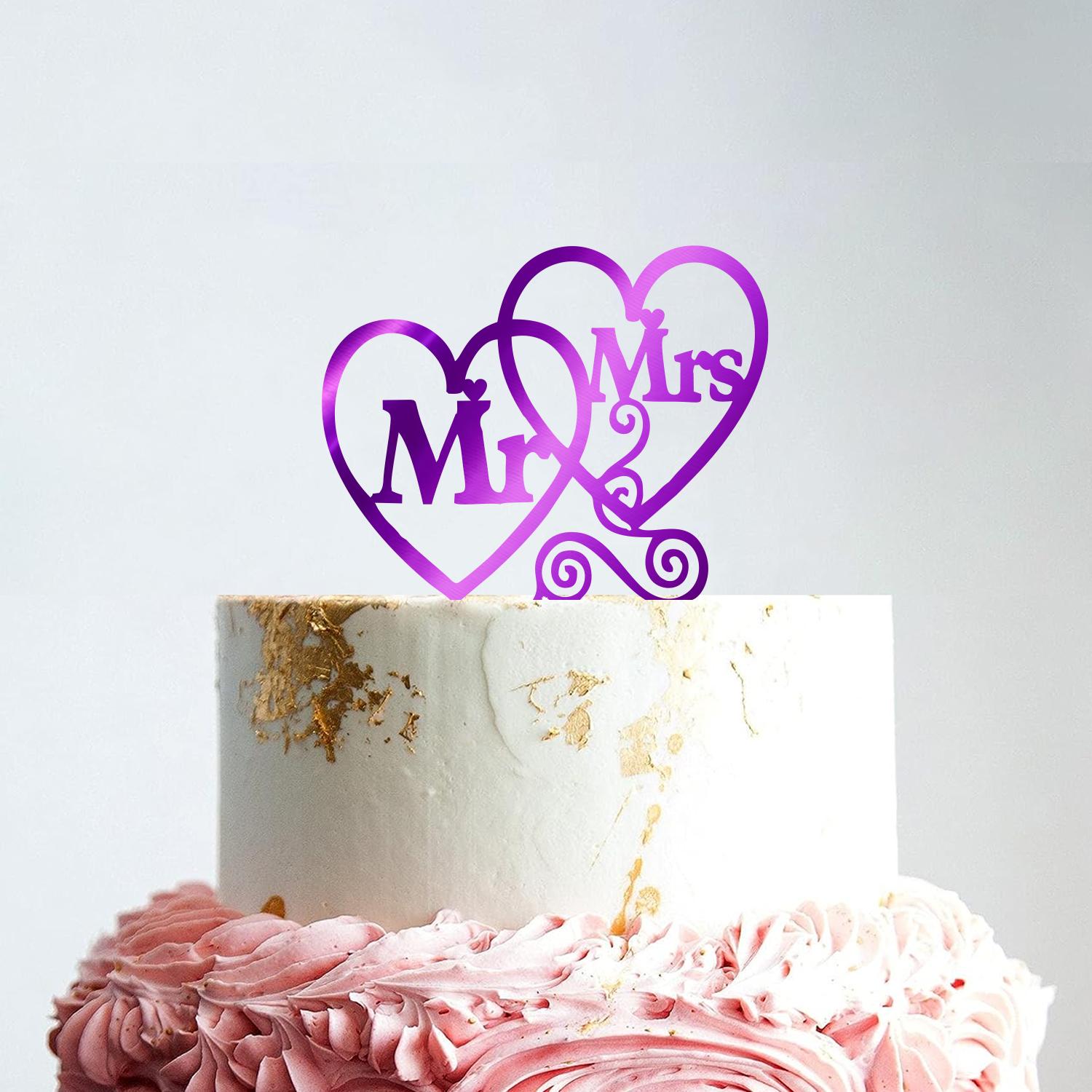 MIRROR PURPLE ACRYLIC MR & MRS TOPPER WITH HEARTS DETAIL