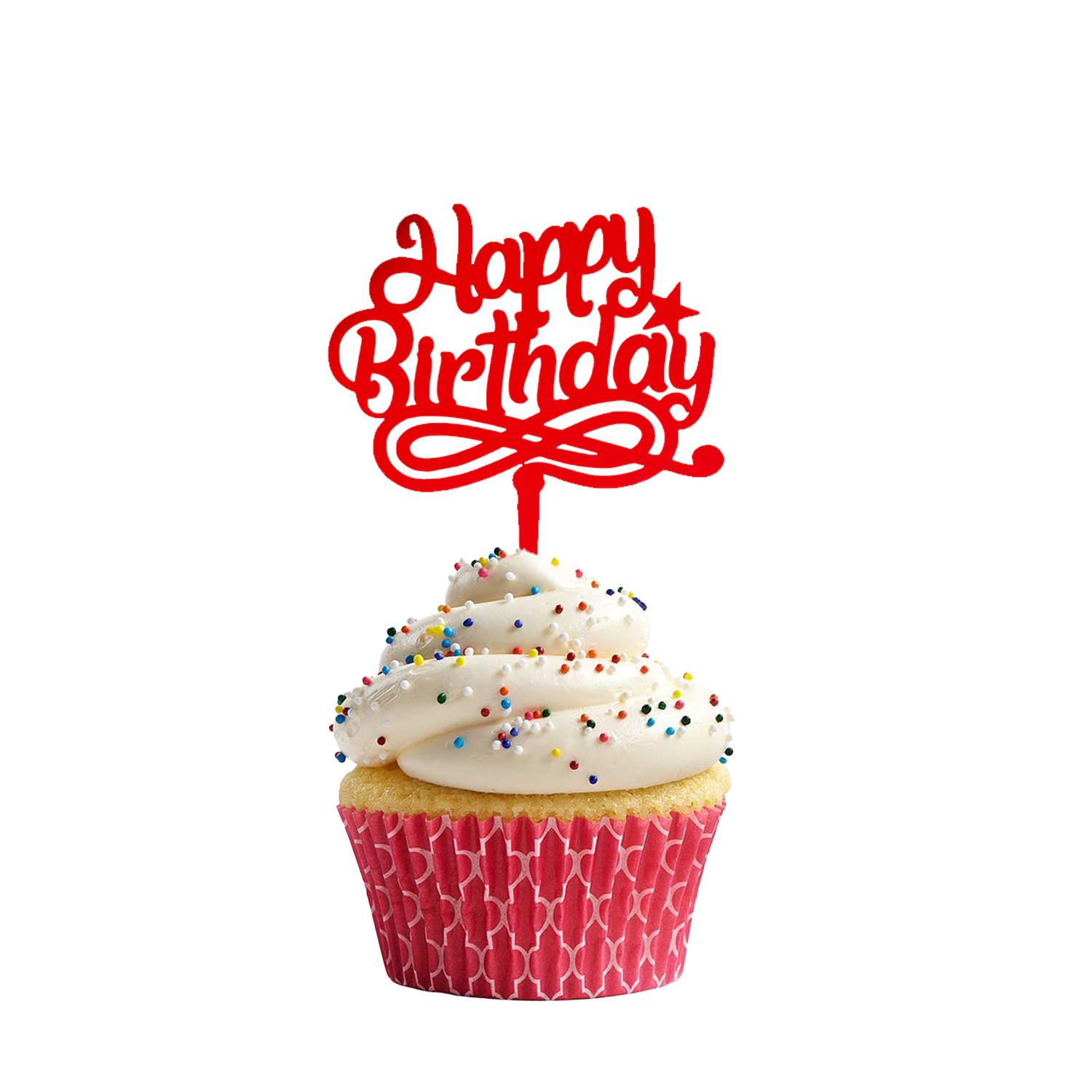 MIRROR RED ACRYLIC CUPCAKE HAPPY BIRTHDAY TOPPER 9CM X 7CM