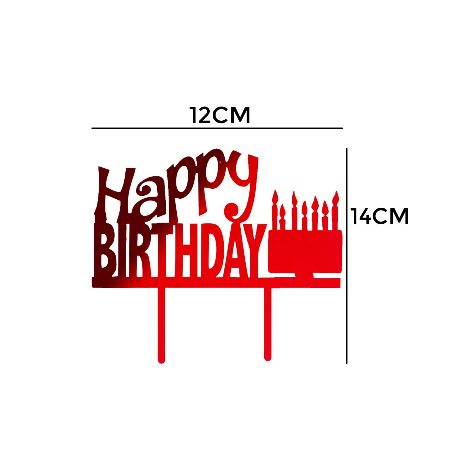 MIRROR RED ACRYLIC HAPPY BIRTHDAY TOPPER CAKE AND CANDLES