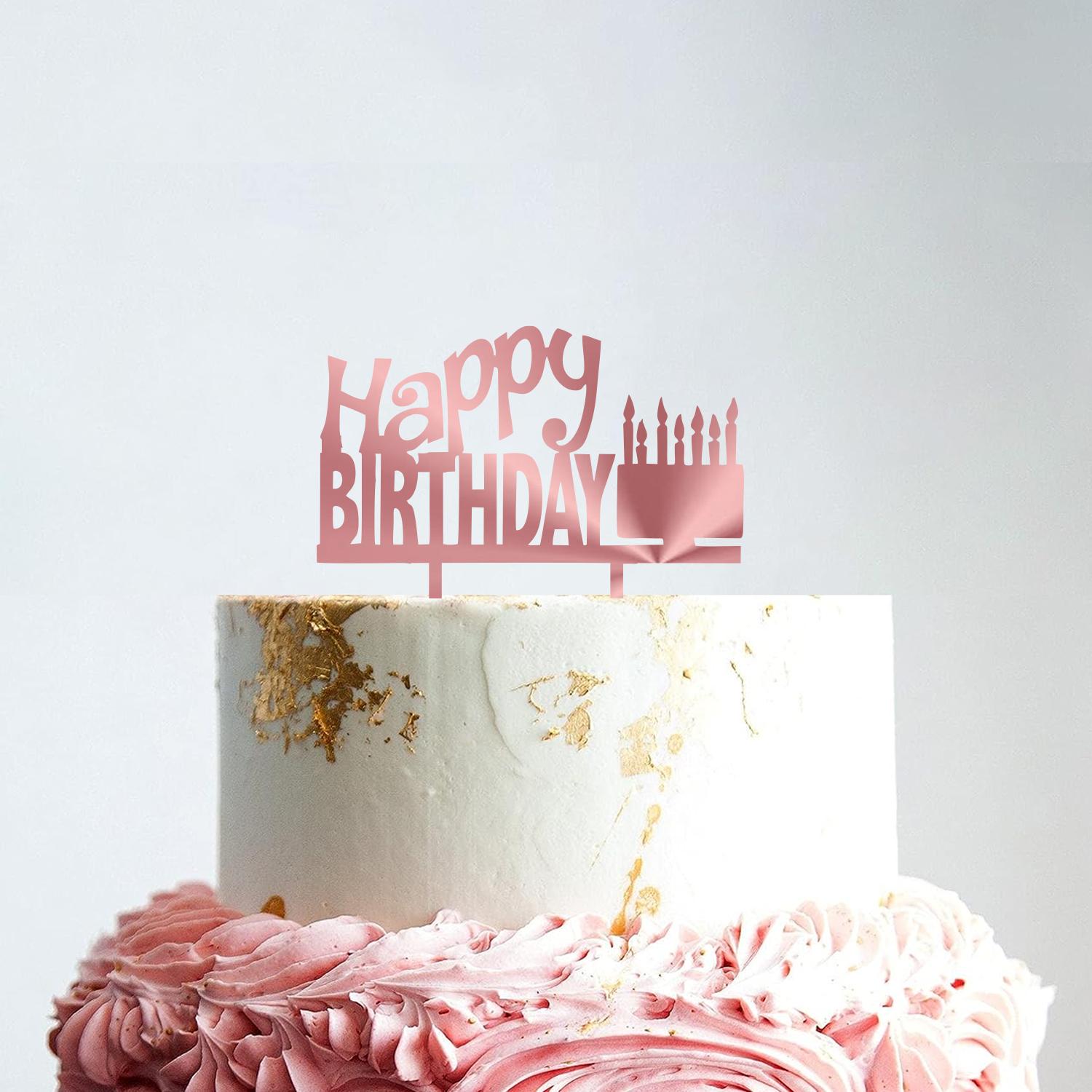 ROSE GOLD ACRYLIC HAPPY BIRTHDAY TOPPER CAKE AND CANDLES