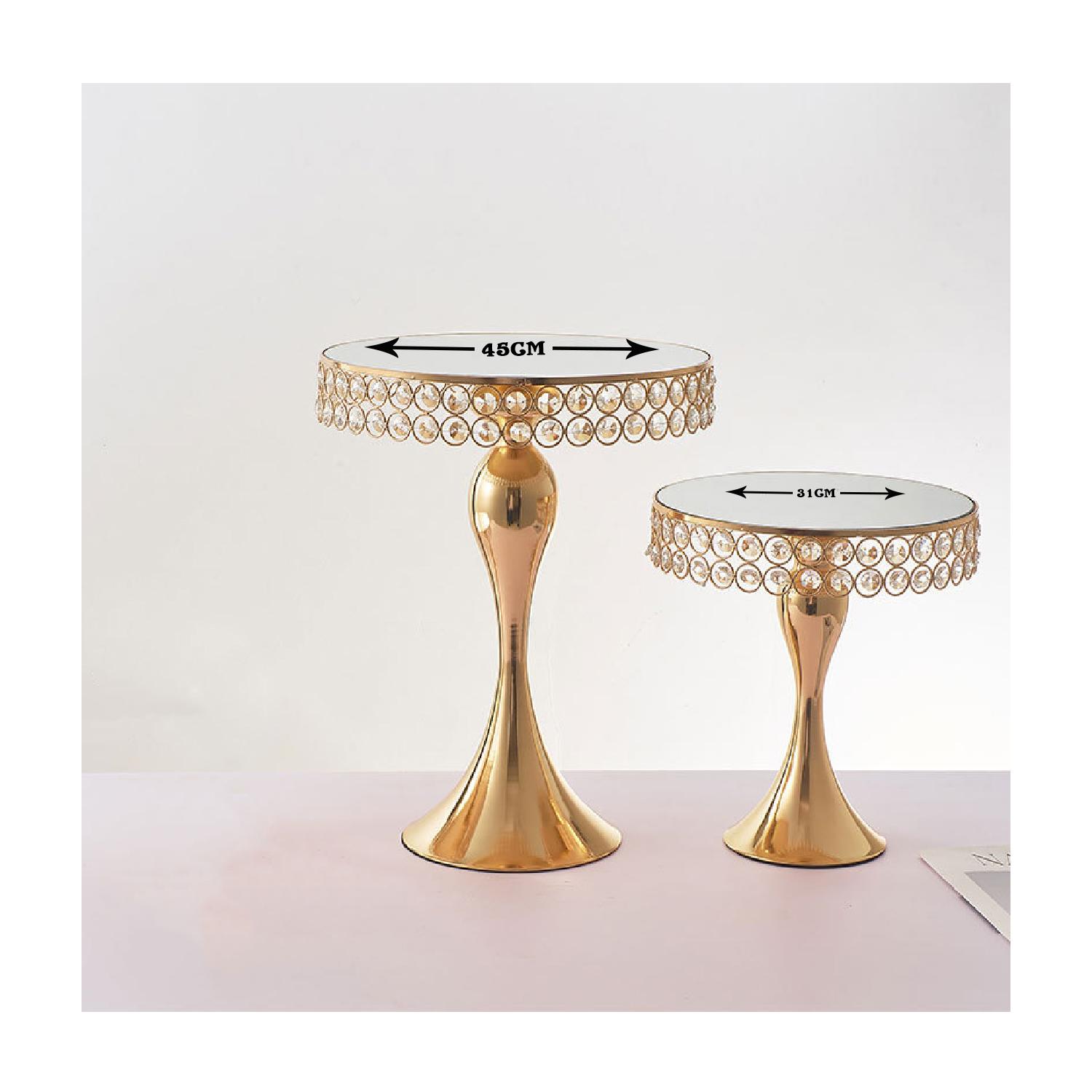 SET OF 2 GOLD GLASS MIRROR CRYSTAL CAKE STAND 31CM AND 45CM DIAMETER