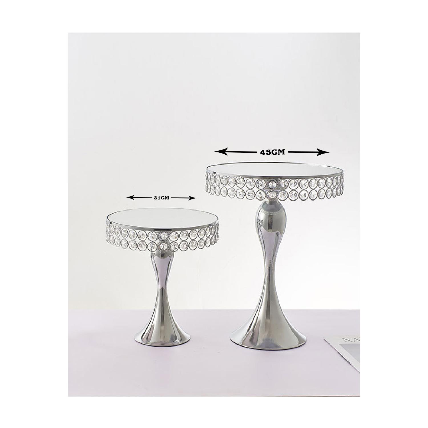 SET OF 2 SILVER GLASS MIRROR CRYSTAL CAKE STAND 31CM AND 45CM DIAMETER