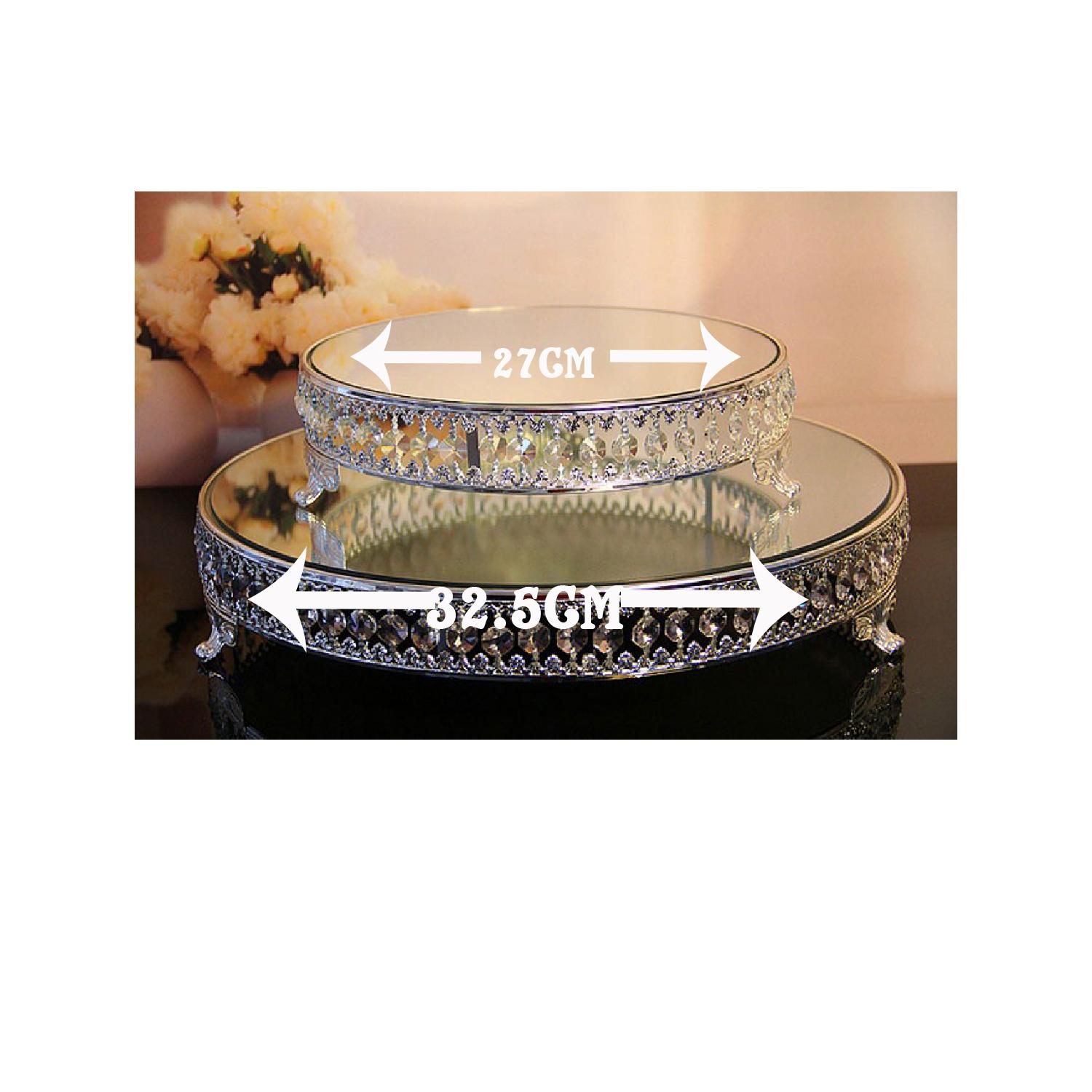 SET OF 2 SILVER GLASS MIRROR CRYSTAL CAKE STAND DIAMETER 27CM AND 32.5CM