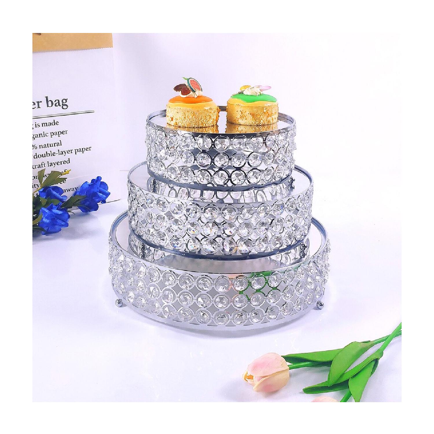 SET OF 3 SILVER 4 LINKS MIRROR CRYSTAL CAKE STAND 25/35/45CM