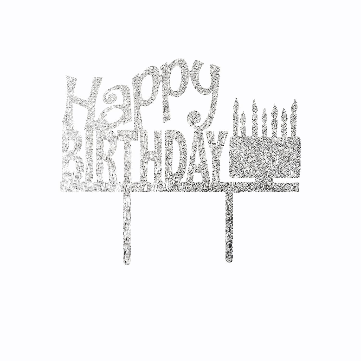 SILVER GLITTER ACRYLIC HAPPY BIRTHDAY TOPPER CAKE AND CANDLES