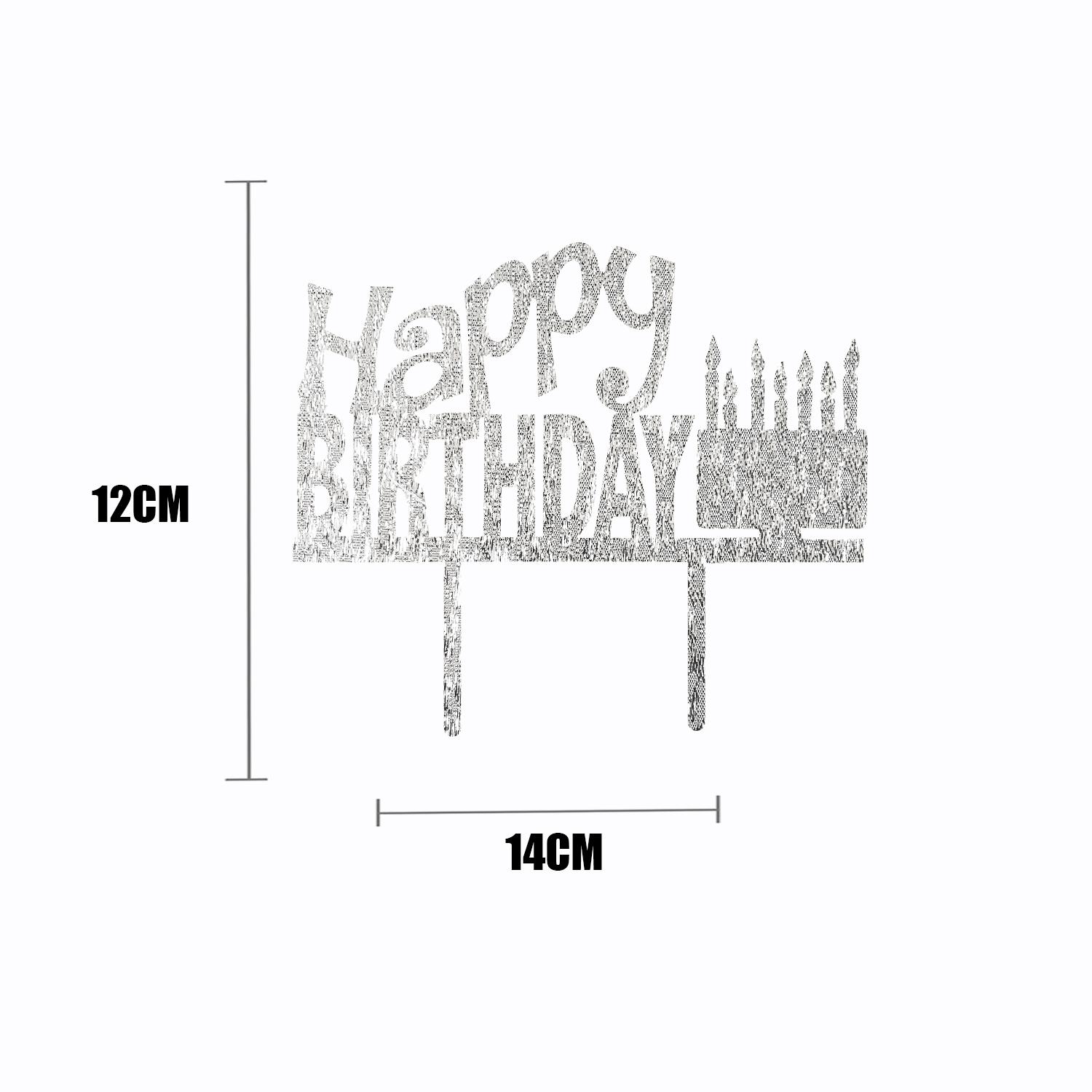 SILVER GLITTER ACRYLIC HAPPY BIRTHDAY TOPPER CAKE AND CANDLES