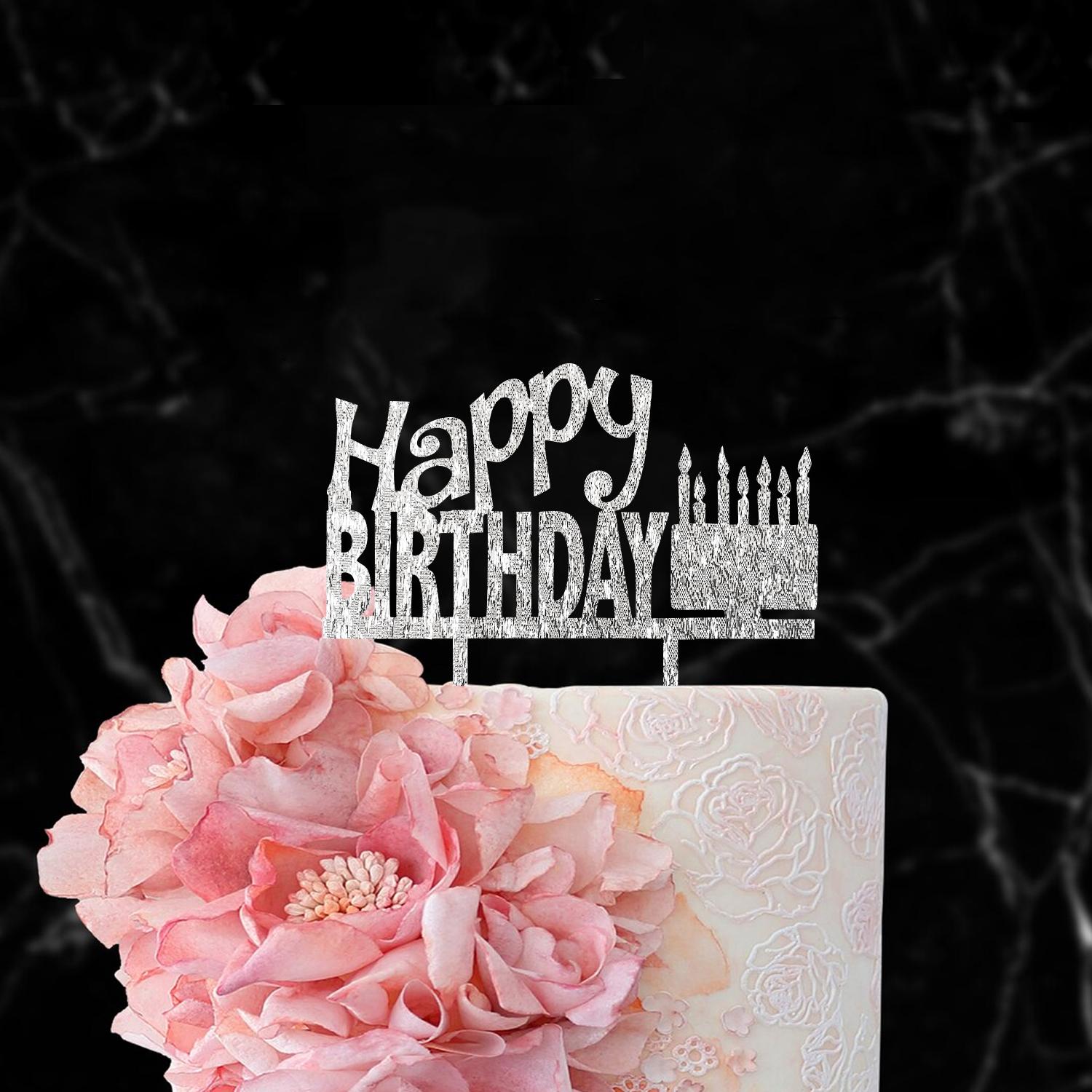 SILVER GLITTER ACRYLIC HAPPY BIRTHDAY TOPPER CAKE AND CANDLES