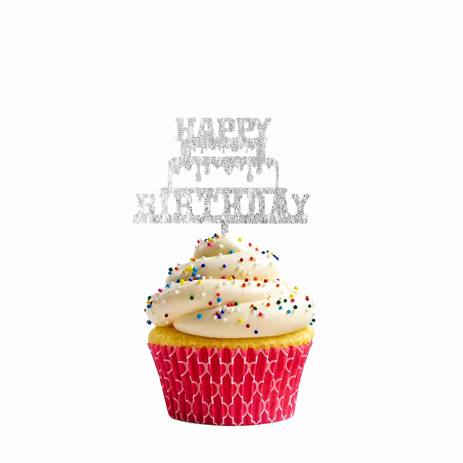 SILVER GLITTER CUPCAKE HAPPY BIRTHDAY TOPPER 9CM X 7CM