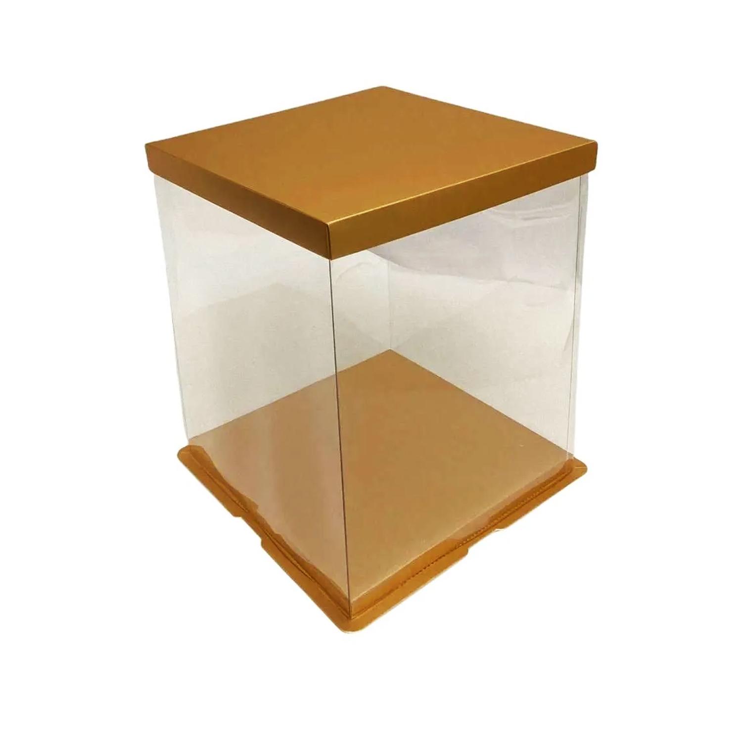 TRANSPARENT PVC CAKE BOX GOLD LID 26*26*31CM