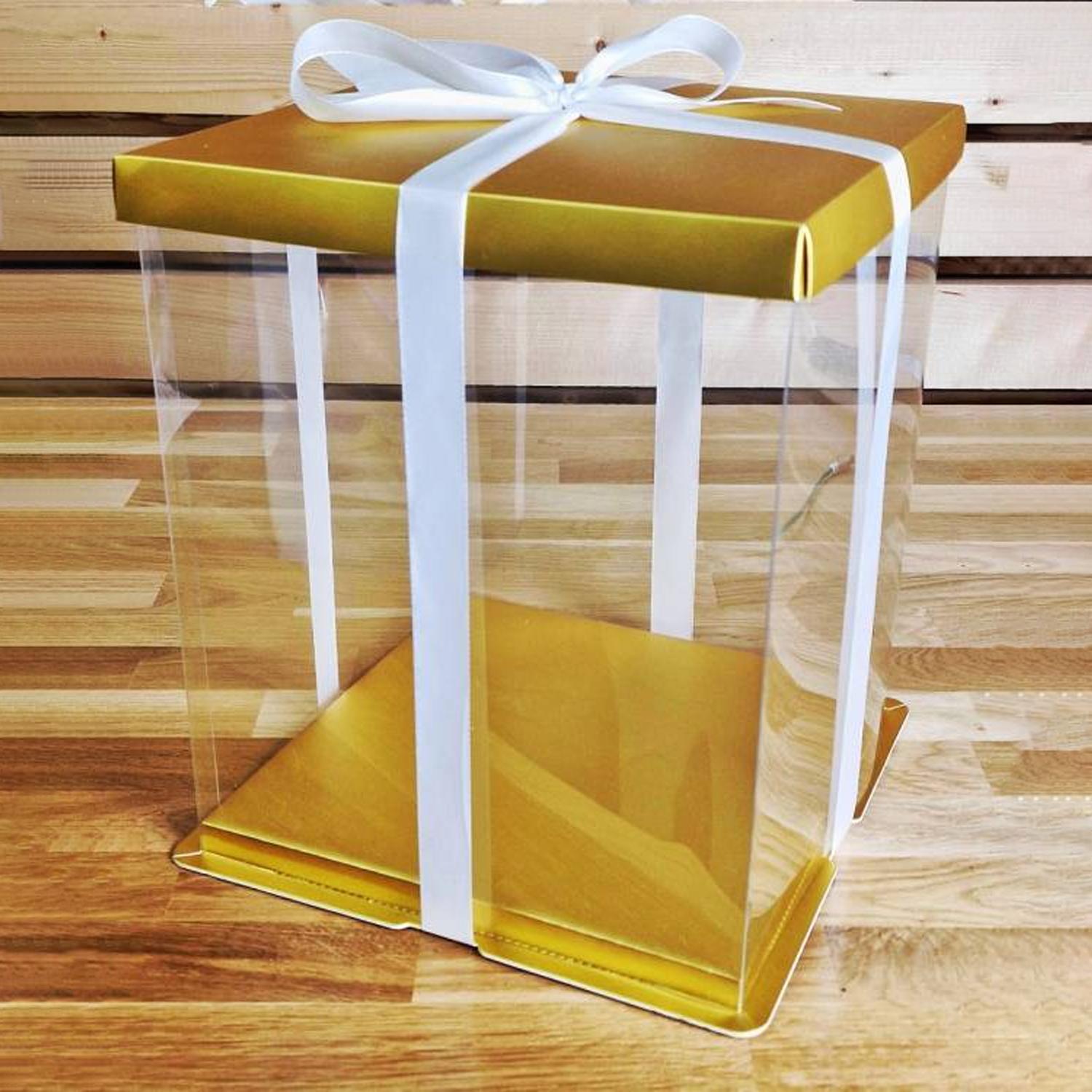 TRANSPARENT PVC CAKE BOX GOLD LID 30*30*40CM