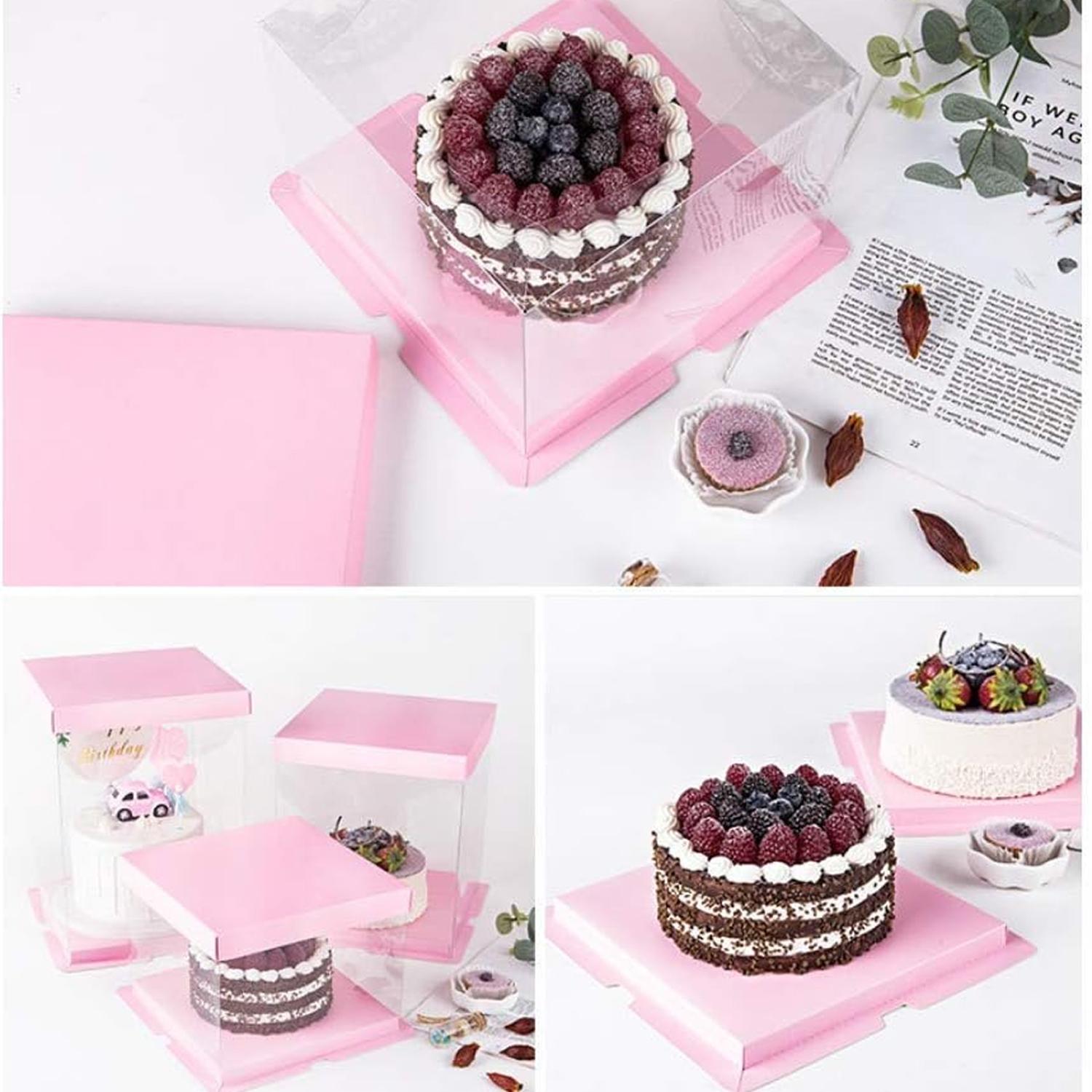 TRANSPARENT PVC CAKE BOX PINK LID 26*26*31CM