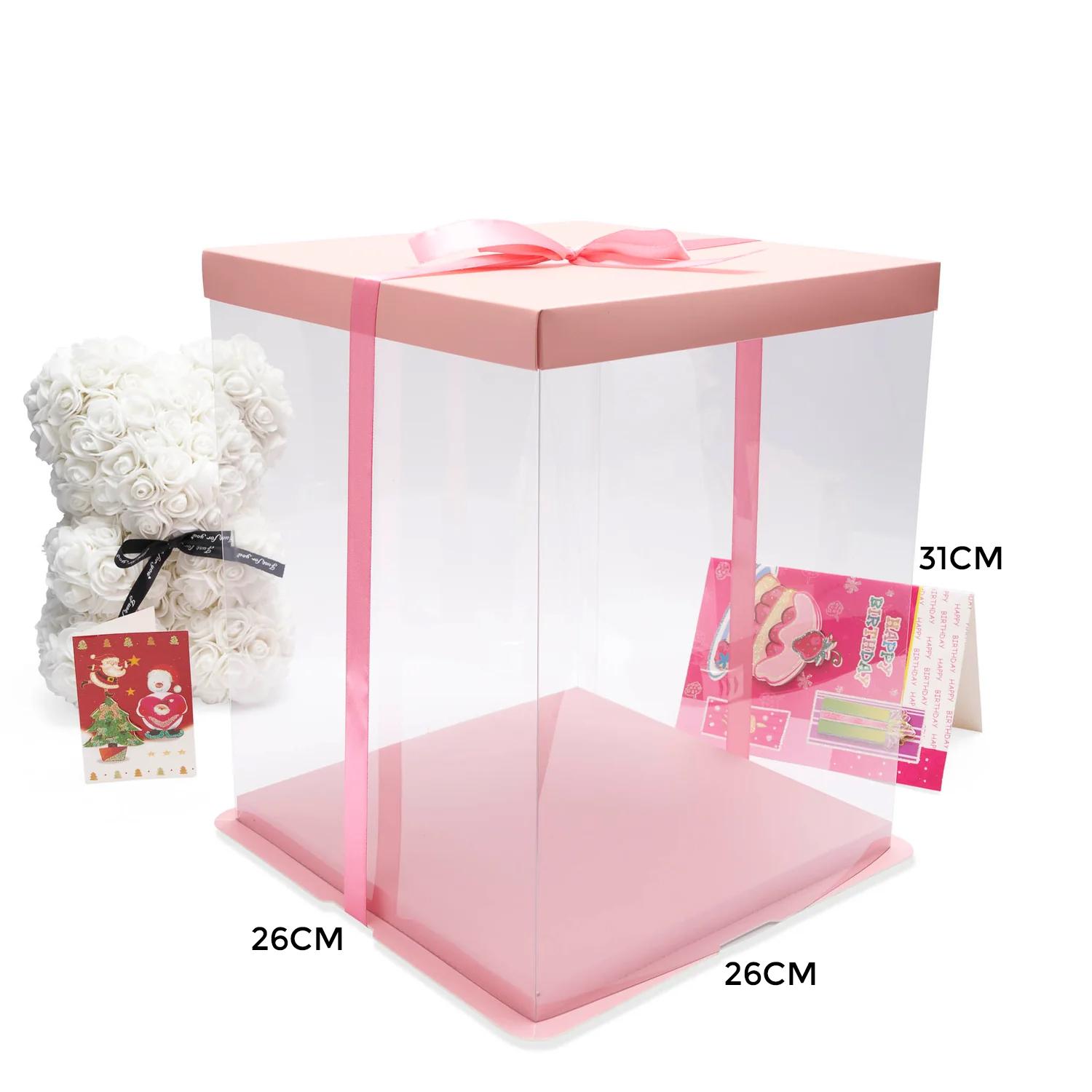 TRANSPARENT PVC CAKE BOX PINK LID 26*26*31CM