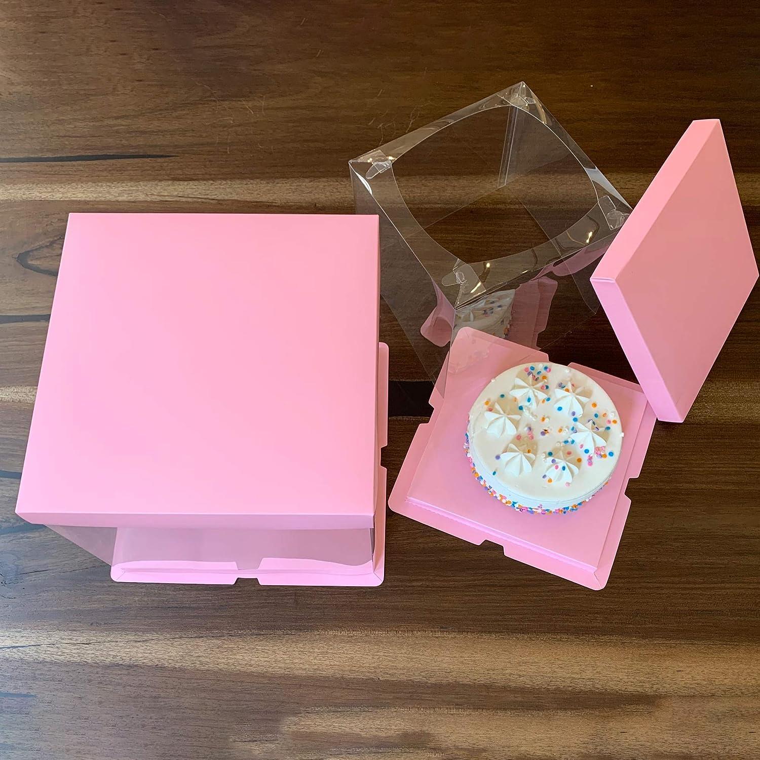 TRANSPARENT PVC CAKE BOX PINK LID 35.6*35.6*38CM