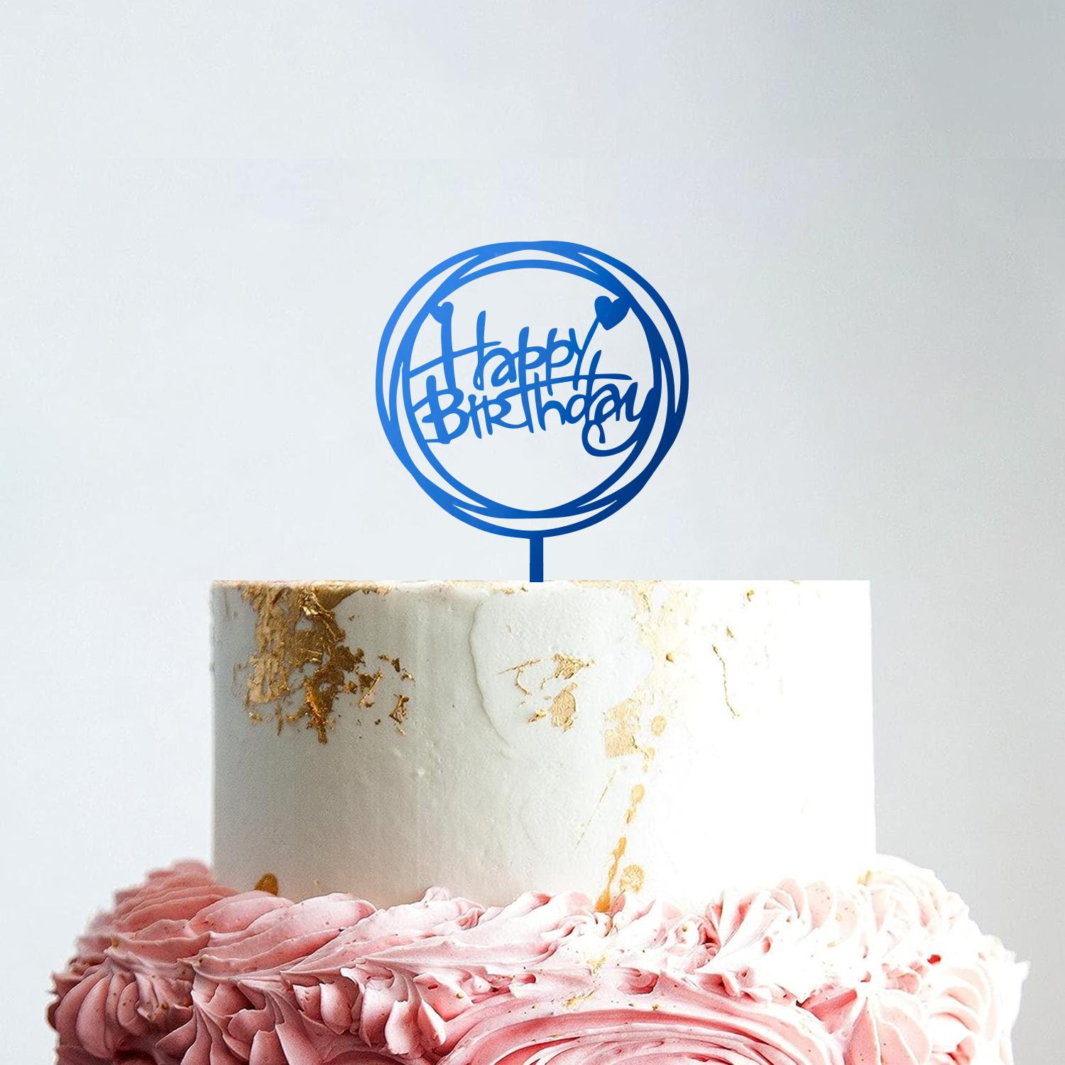 MIRROR BLUE ACRYLIC HAPPY BIRTHDAY TOPPER DOUBLE ROUND BIRTHDAY SIGN