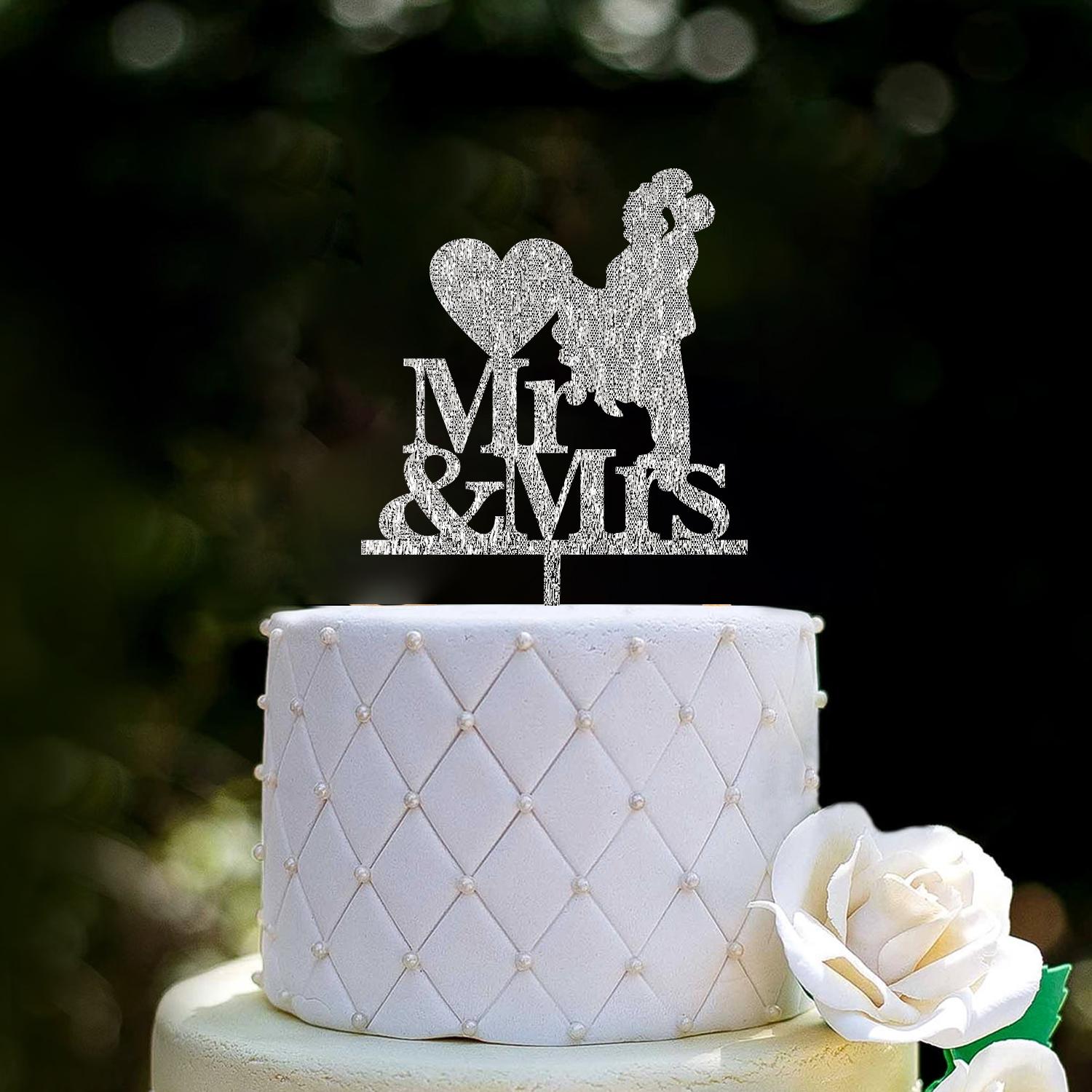 SILVER GLITTER MR & MRS SILHOUETTE TOPPER